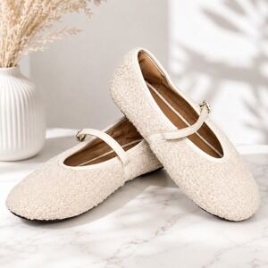 Faux Shearling Mary Jane Flats Size 9 1/2 White NWT Soft Teddy Texture